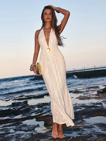 Opulessa Vestido Halter Sem Costas de Renda de Crochê de Cor Sólida para Mulheres, Primavera/Verão Férias